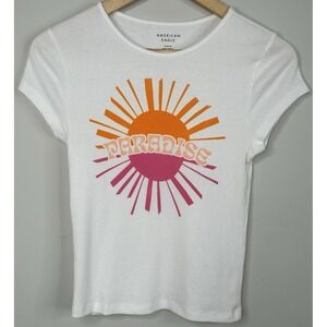 American Eagle White Ribbed Paradise Sun Graphic T Shirt Women's‎ Medium